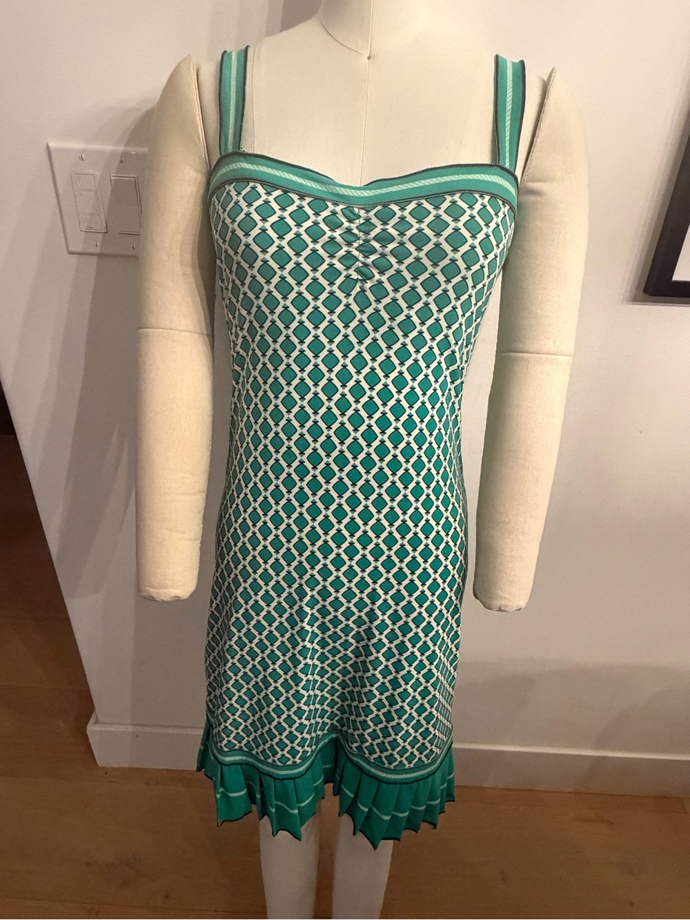 Max Studio Teal and White Geometric Knit Dress with Thin Straps